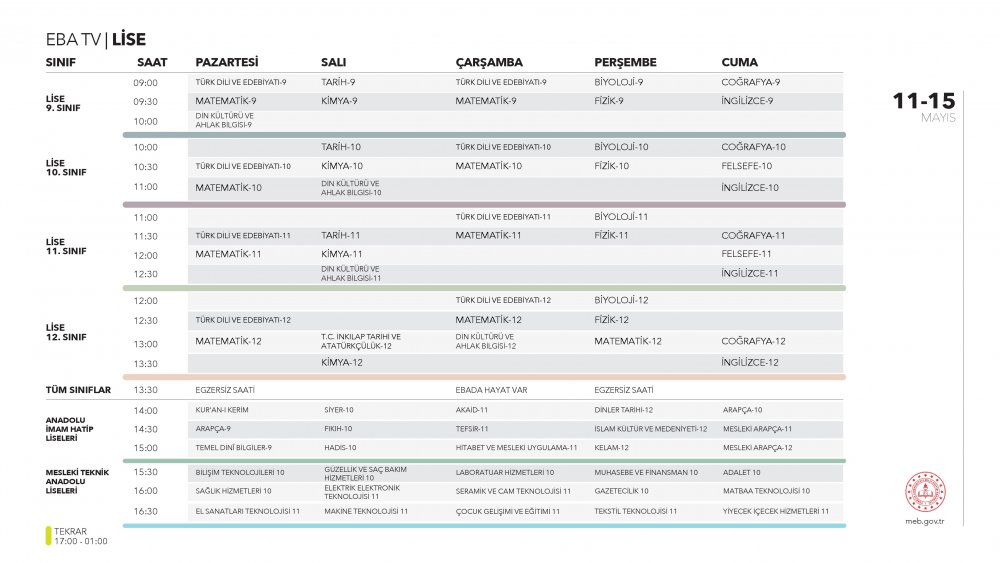 EBA TV 15 Mayıs Cuma lise ders programı