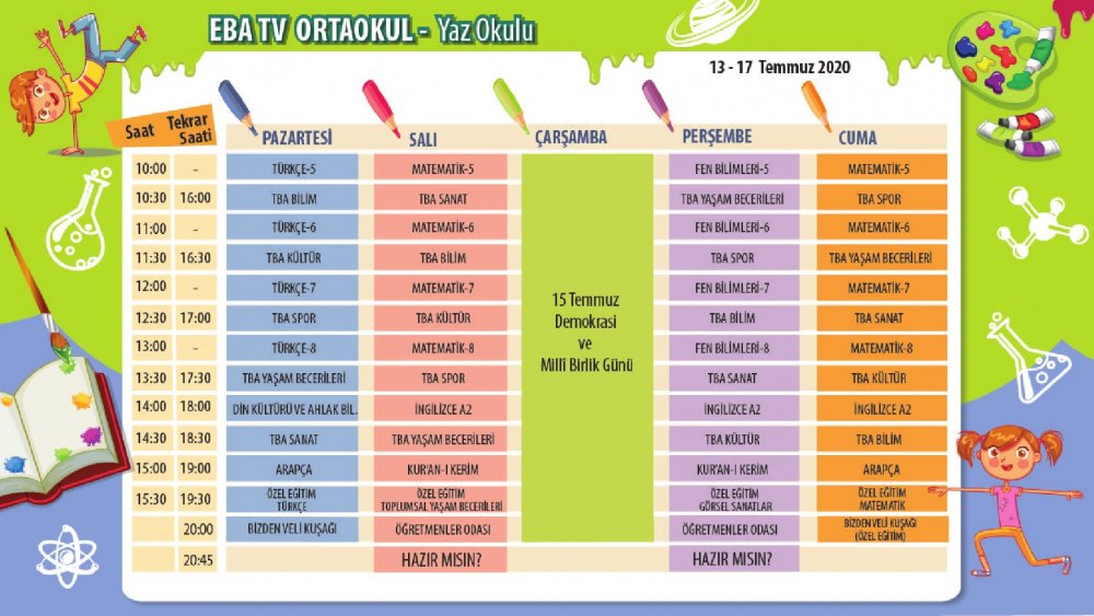 EBA TV 13 Temmuz Pazartesi ortaokul ders programı