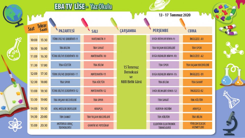 EBA TV 13 Temmuz Pazartesi lise ders programı