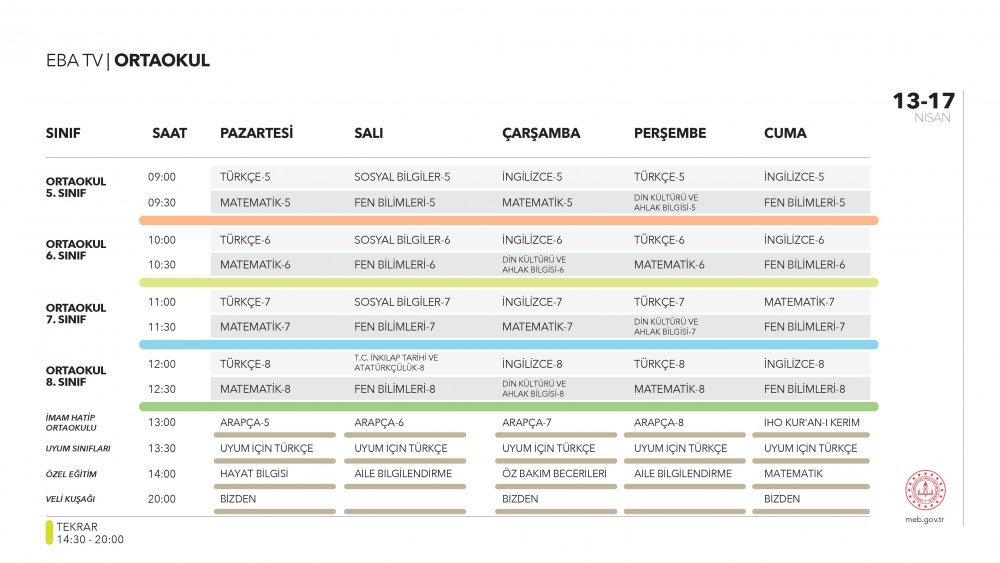 EBA TV 6-10 Nisan Pazartesi ortaokul ders programı