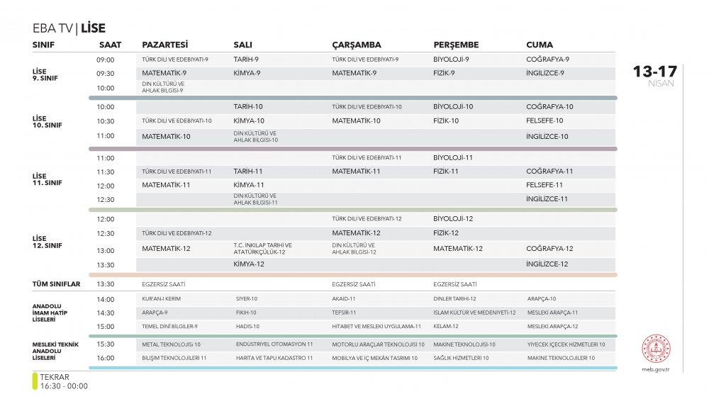 EBA TV 13 Nisan Pazartesi lise ders programı