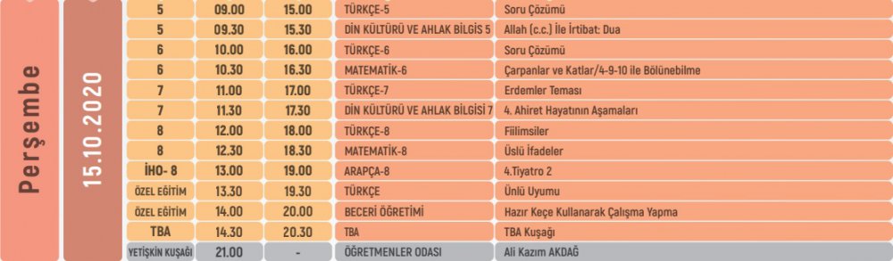 EBA TV 15 Ekim Perşembe lise ders programı