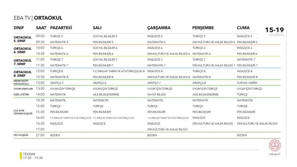 EBA TV 18 Haziran Perşembe ortaokul ders programı