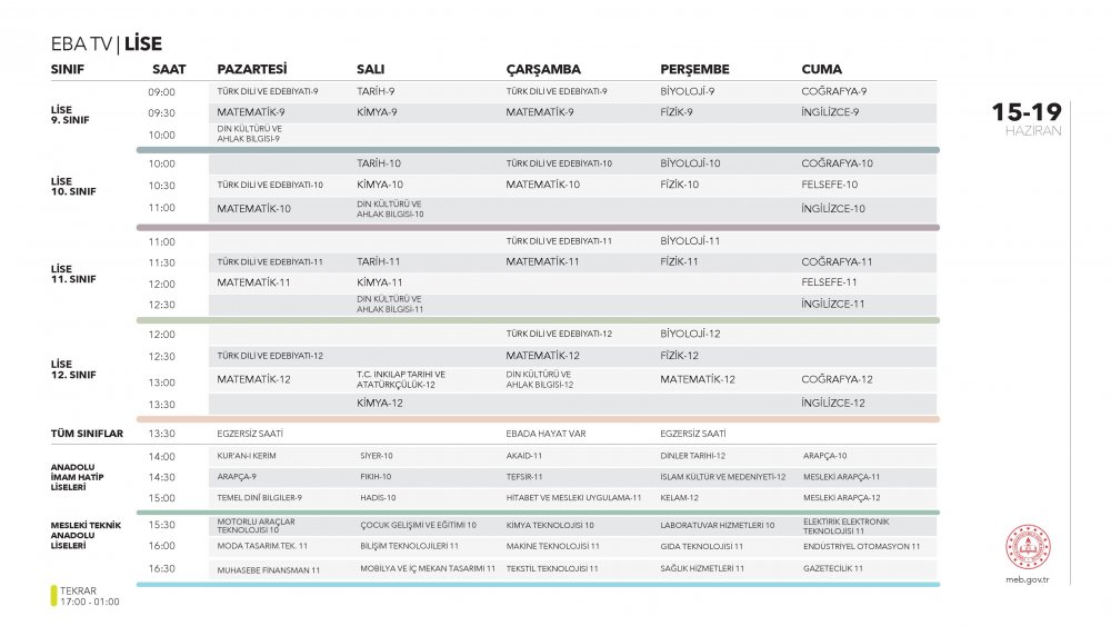 EBA TV 18 Haziran Perşembe lise ders programı