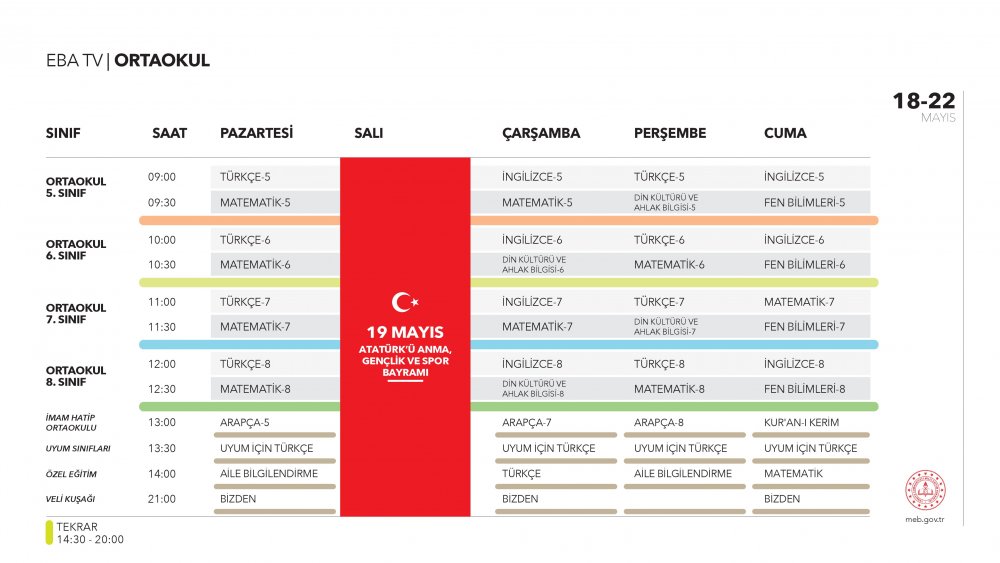 EBA TV 18 Mayıs Pazartesi ortaokul ders programı