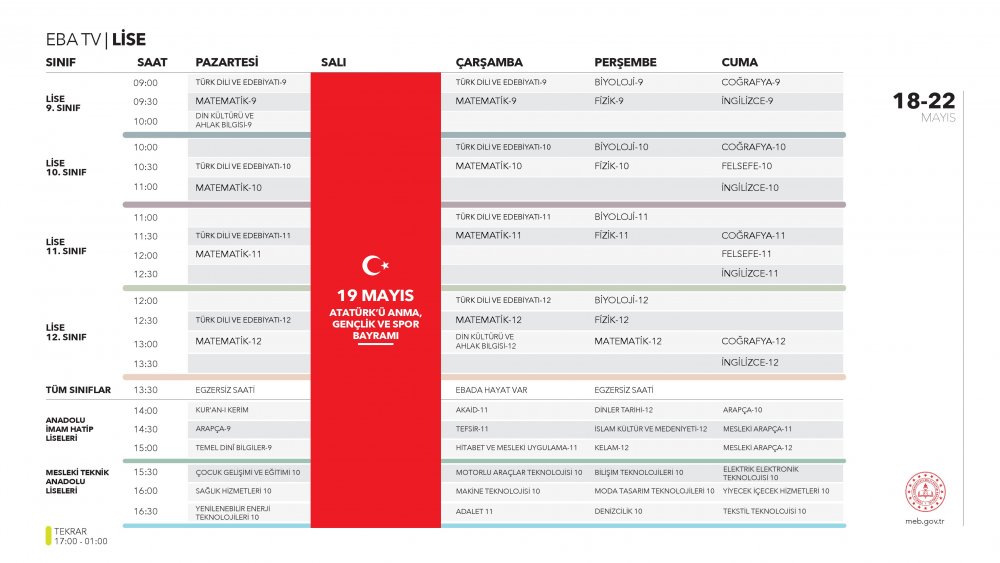 EBA TV 18 Mayıs Pazartesi lise ders programı