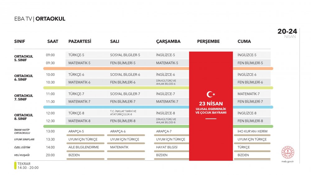 EBA TV 20 Nisan Pazartesi ortaokul ders programı