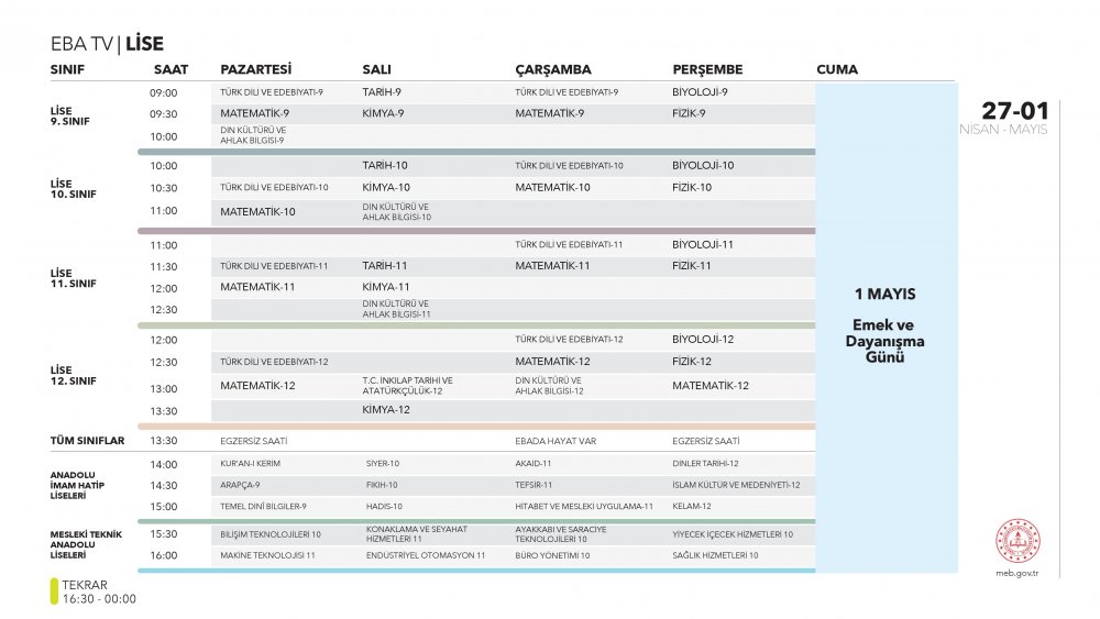 EBA TV 28 Nisan Salı lise ders programı