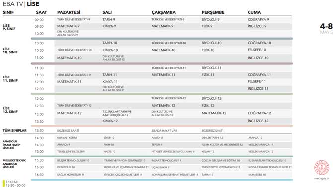 EBA TV 7 Mayıs Perşembe lise ders programı