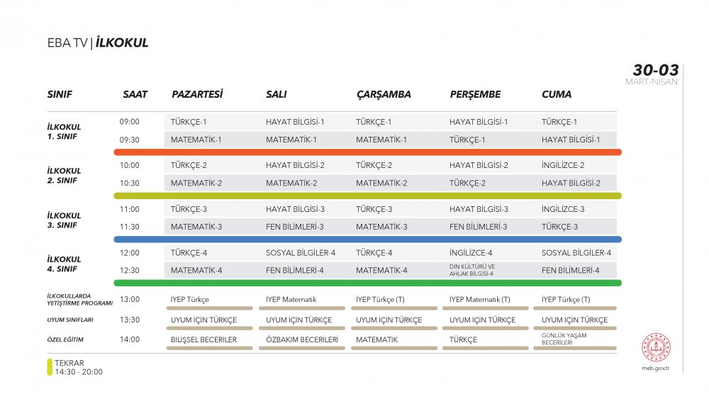 EBA TV 3 Nisan Cuma ilkokul ders programı