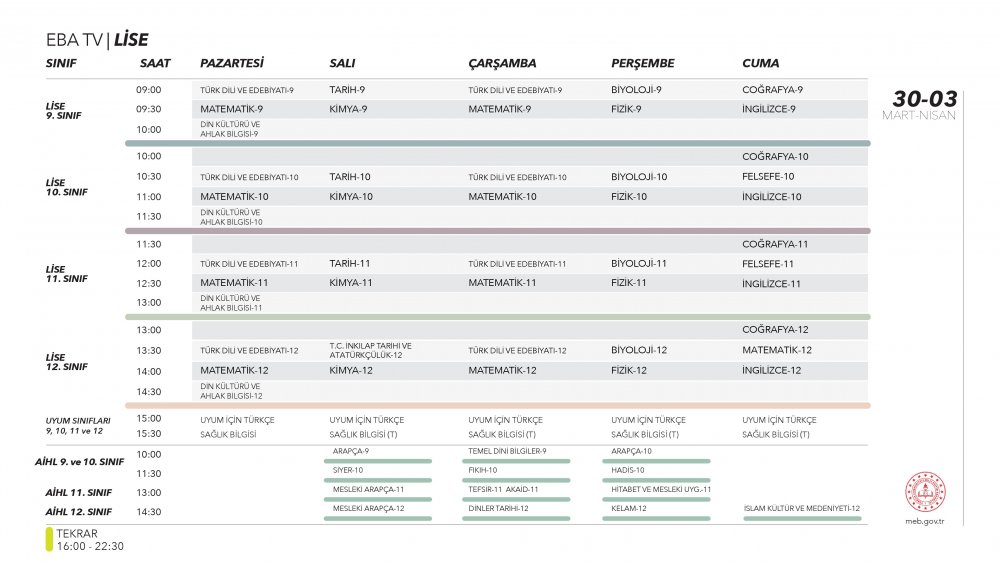 EBA TV 6-10 Nisan Perşembe lise ders programı