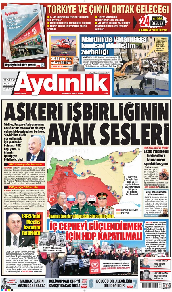 Aydınlık Gazetesi 30 Aralık 2022, Cuma Günü Manşeti