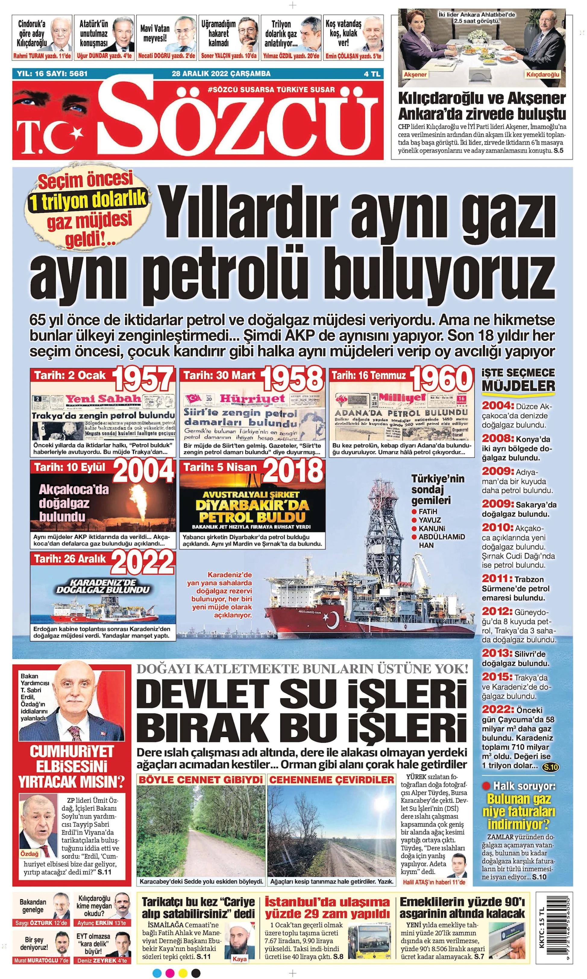 Sözcü Gazetesi 28 Aralık 2022, Çarşamba Günü Manşeti