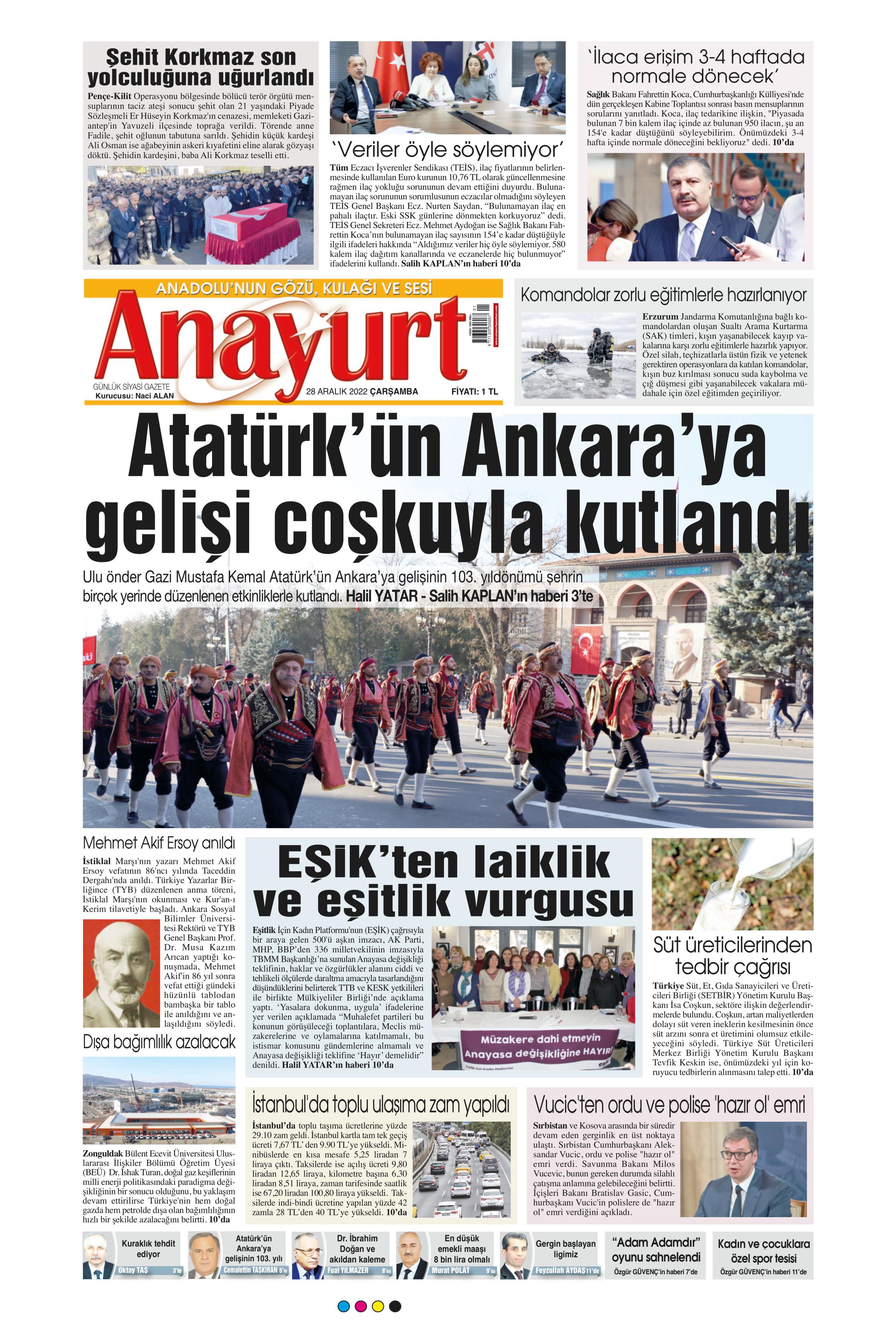 Anayurt Gazetesi 28 Aralık 2022, Çarşamba Günü Manşeti