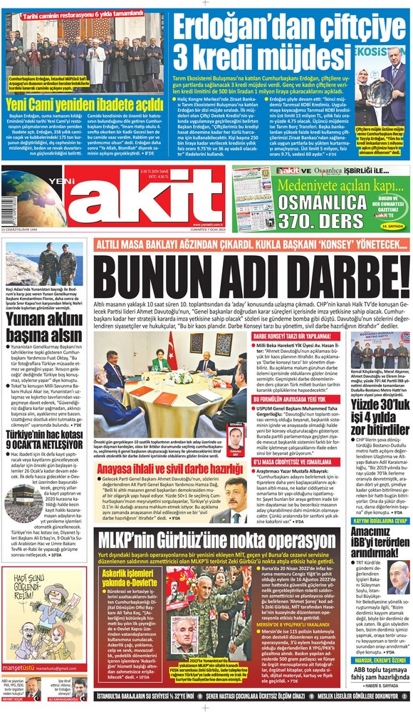 Yeni Akit Gazetesi 7 Ocak 2023, Cumartesi Günü Manşeti