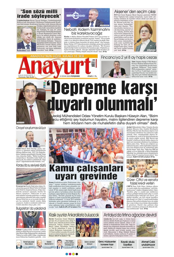 Anayurt Gazetesi 12 Ocak 2023, Perşembe Günü Manşeti