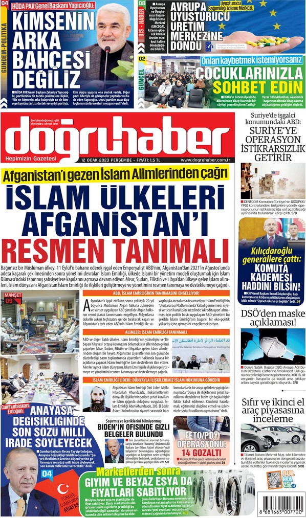 Doğruhaber Gazetesi 12 Ocak 2023, Perşembe Günü Manşeti