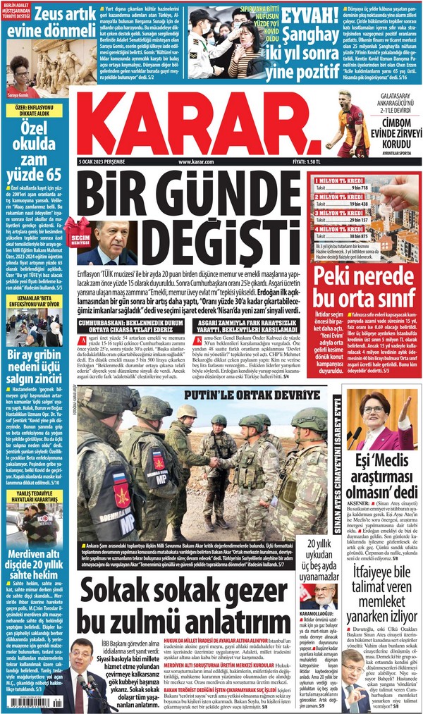 Karar Gazetesi 5 Ocak 2023, Perşembe Günü Manşeti