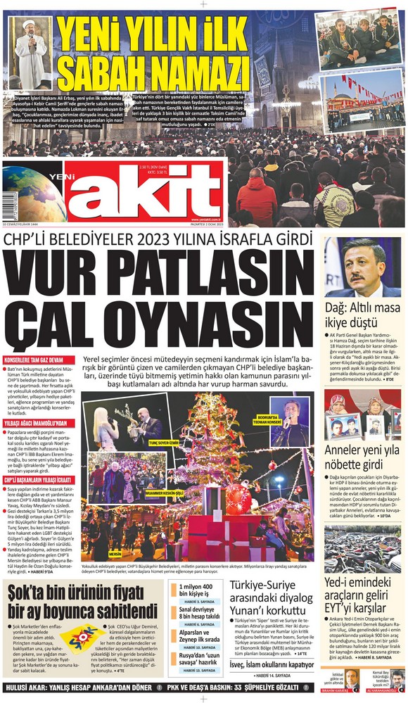 Yeni Akit Gazetesi 2 Ocak 2023, Pazartesi Günü Manşeti