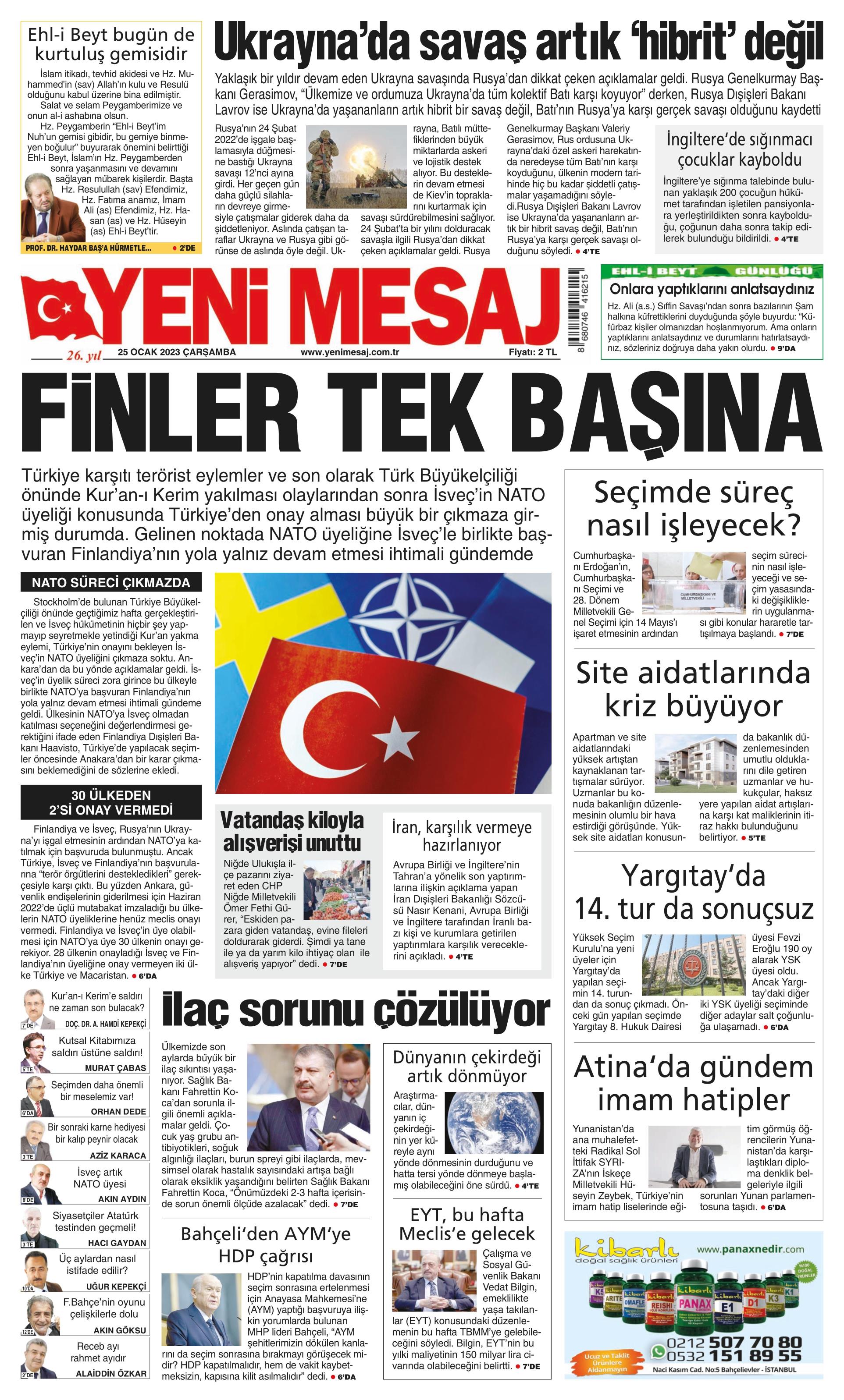 Yeni Mesaj Gazetesi 25 Ocak 2023, Çarşamba Günü Manşeti