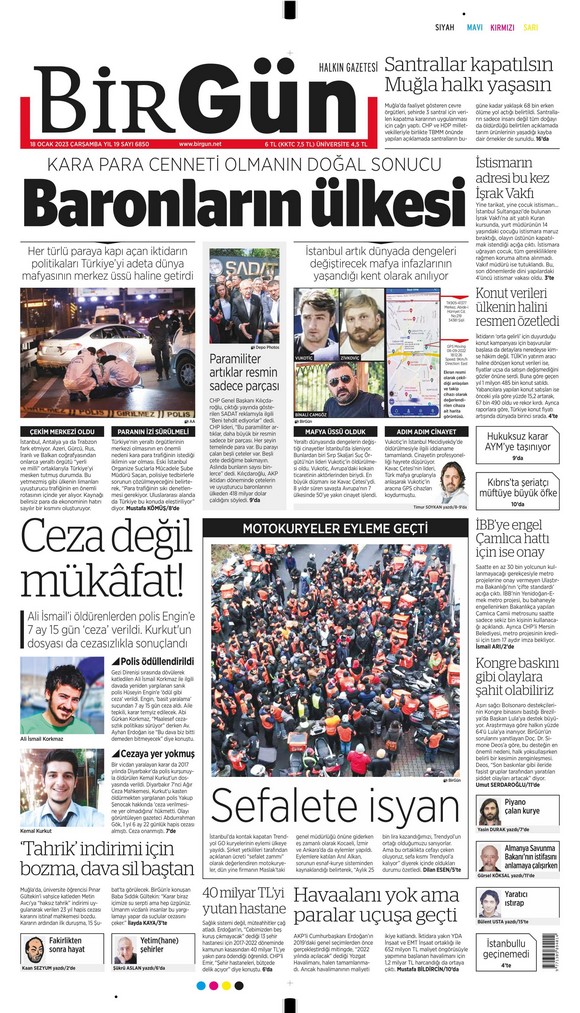 Birgün Gazetesi 18 Ocak 2023, Çarşamba Günü Manşeti