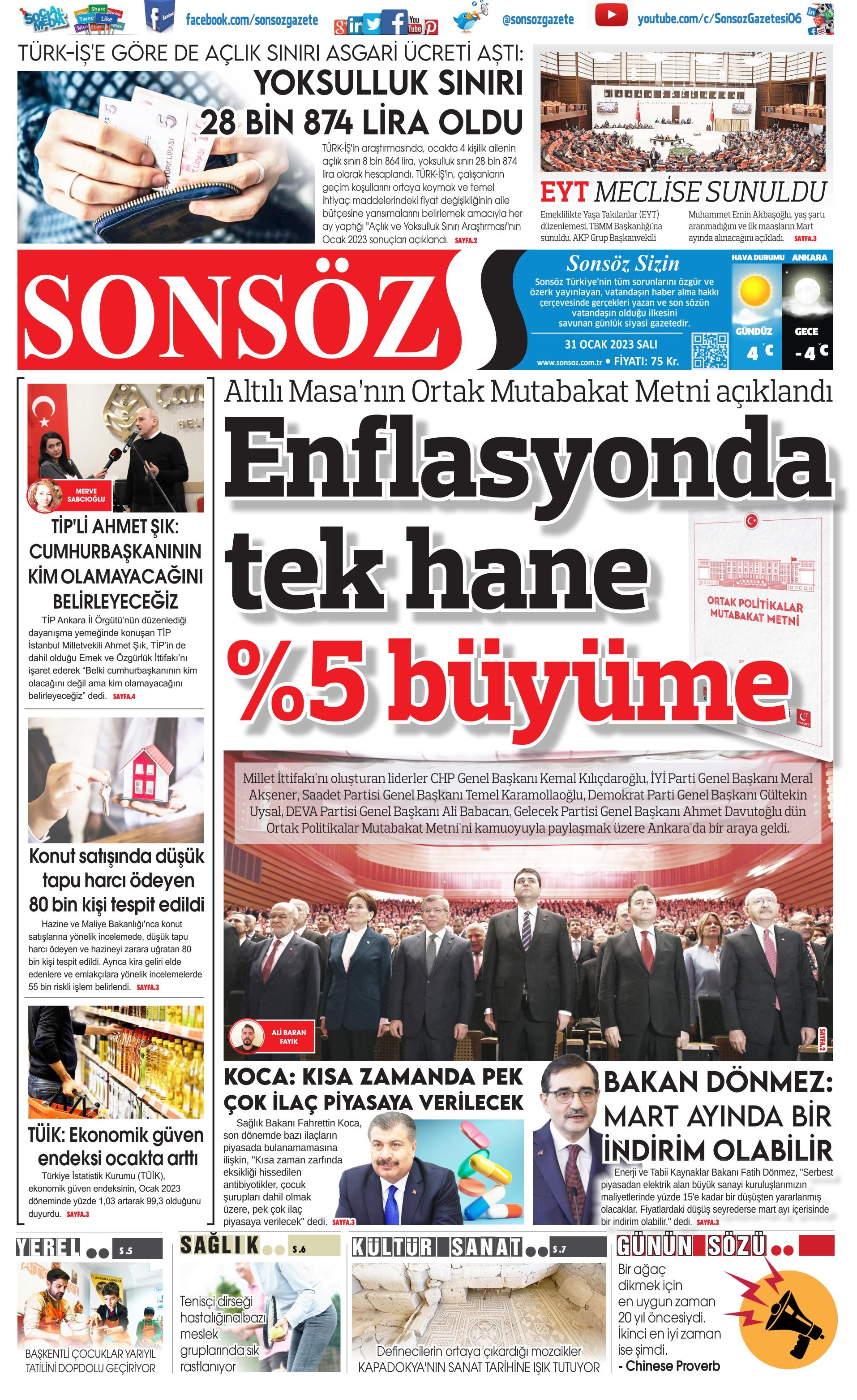 Sonsöz Gazetesi 31 Ocak 2023, Salı Günü Manşeti