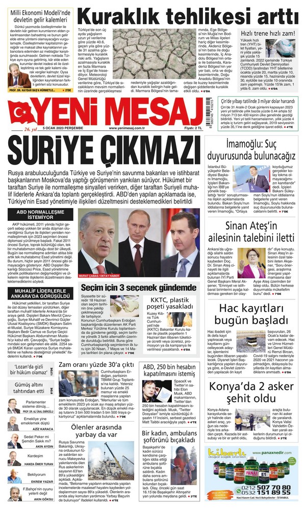 Yeni Mesaj Gazetesi 5 Ocak 2023, Perşembe Günü Manşeti