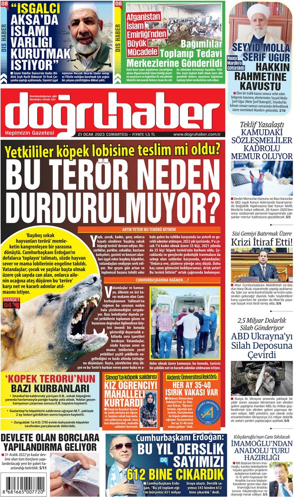 Doğruhaber Gazetesi 21 Ocak 2023, Cumartesi Günü Manşeti