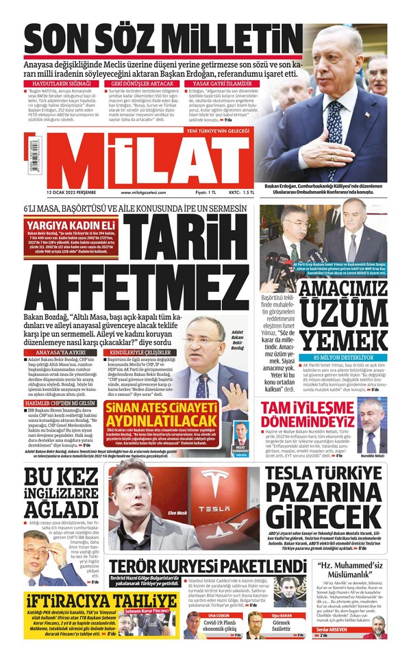 Milat Gazetesi 12 Ocak 2023, Perşembe Günü Manşeti