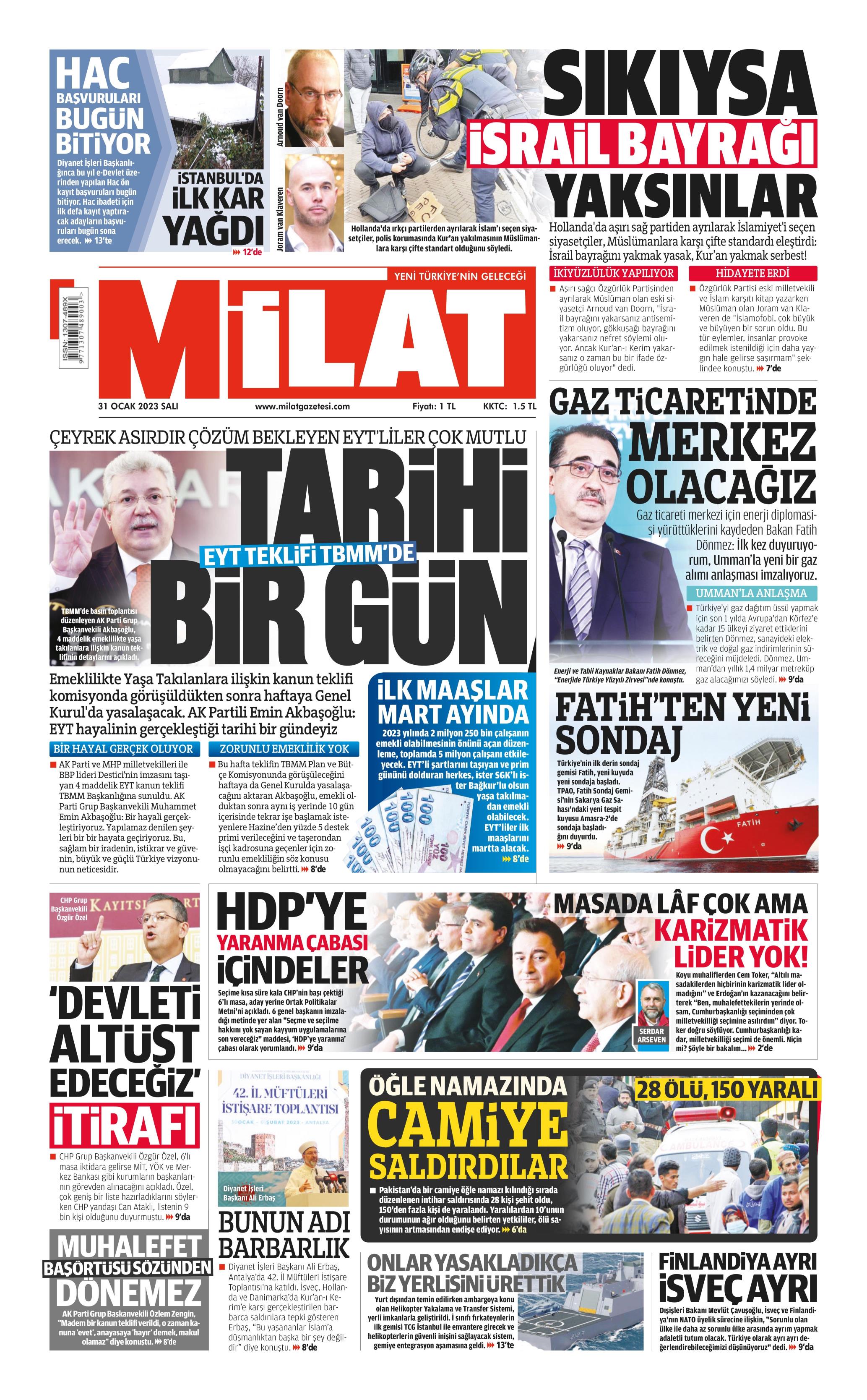 Milat Gazetesi 31 Ocak 2023, Salı Günü Manşeti