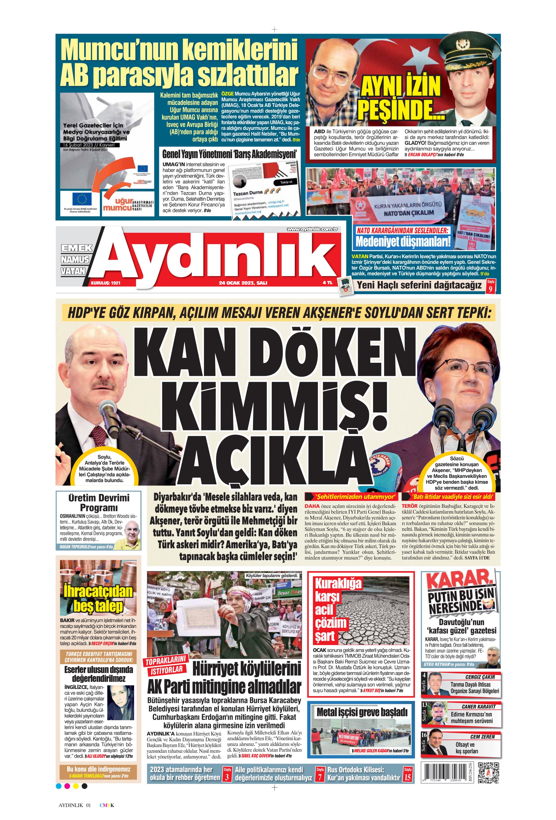 Aydınlık Gazetesi 24 Ocak 2023, Salı Günü Manşeti