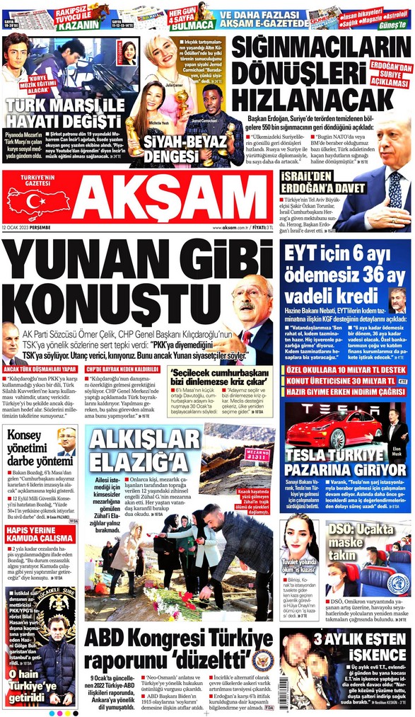 Akşam Gazetesi 12 Ocak 2023, Perşembe Günü Manşeti