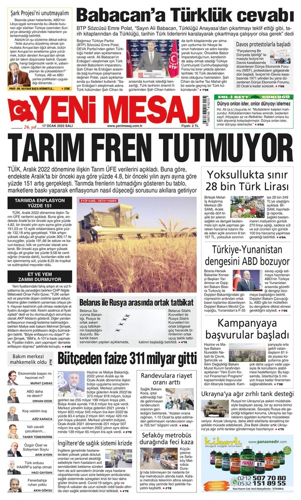 Yeni Mesaj Gazetesi 17 Ocak 2023, Salı Günü Manşeti