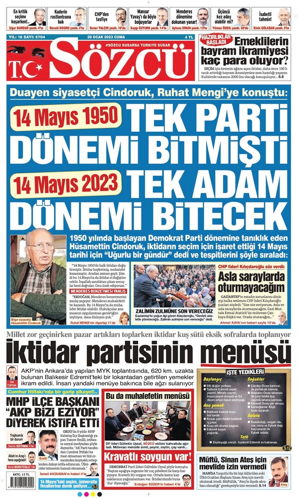 Sözcü Gazetesi 20 Ocak 2023, Cuma Günü Manşeti