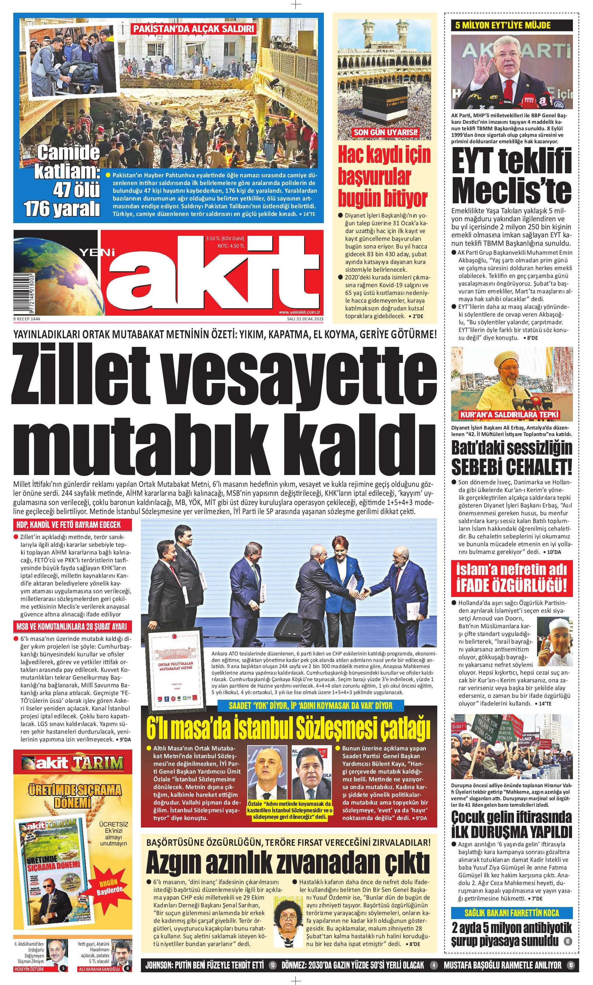 Yeni Akit Gazetesi 31 Ocak 2023, Salı Günü Manşeti