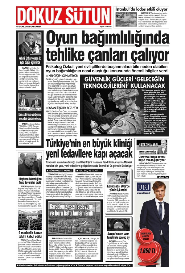 Dokuz Sütun Gazetesi 18 Ocak 2023, Çarşamba Günü Manşeti