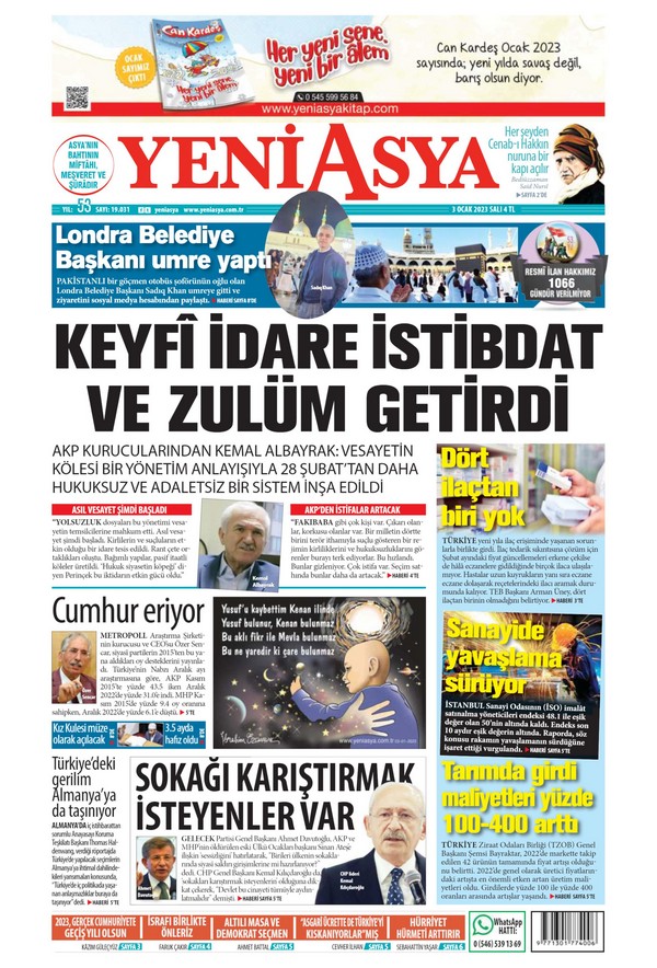 Yeni Asya Gazetesi 3 Ocak 2023, Salı Günü Manşeti