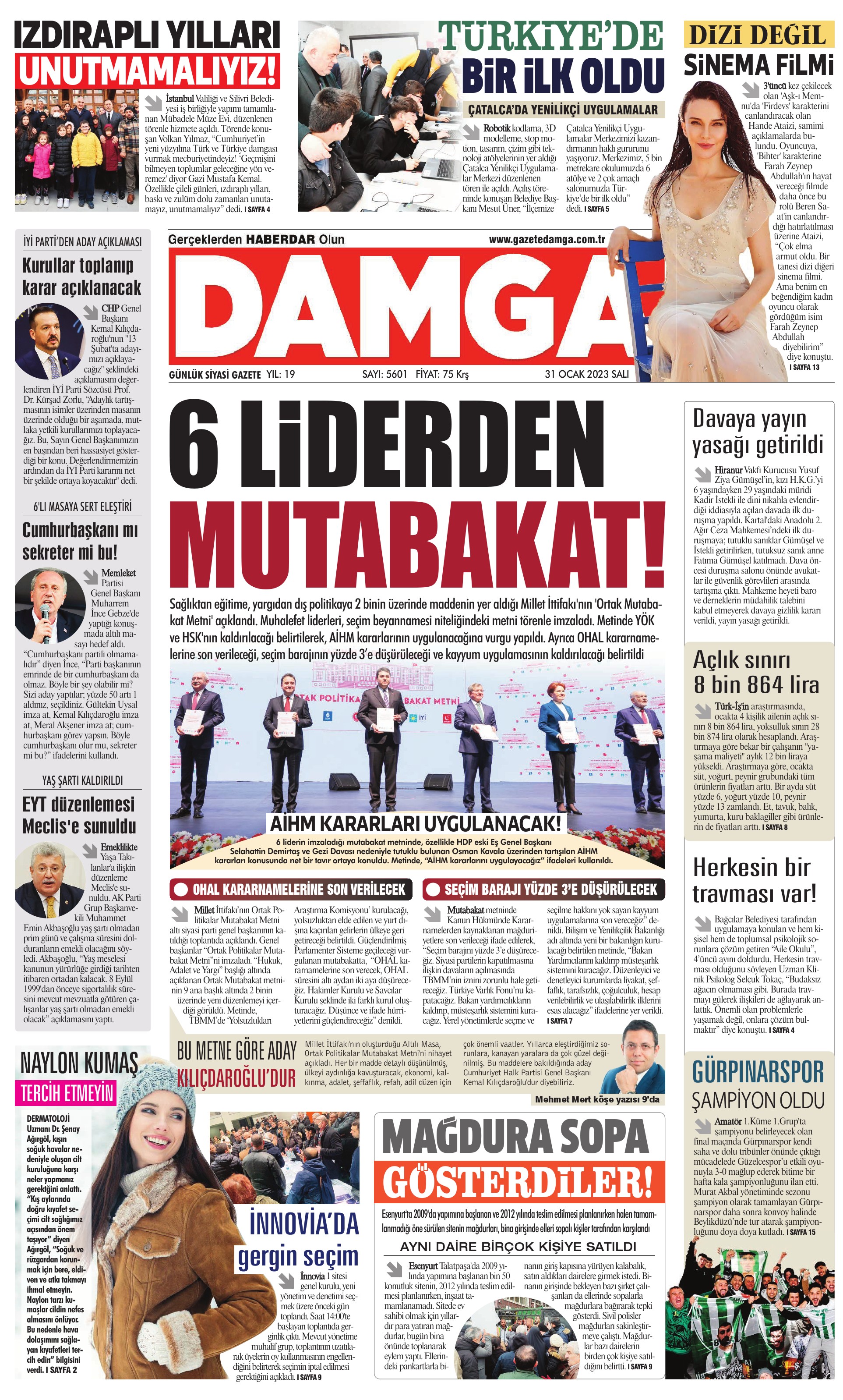 Damga Gazetesi 31 Ocak 2023, Salı Günü Manşeti