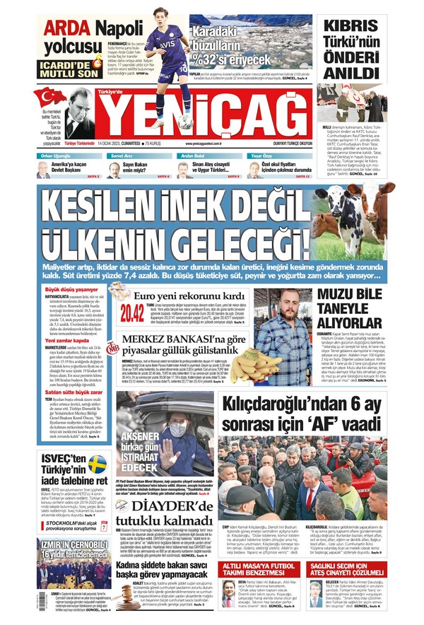 Yeniçağ Gazetesi 14 Ocak 2023, Cumartesi Günü Manşeti