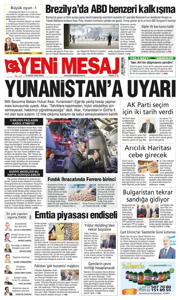 Yeni Mesaj Gazetesi 10 Ocak 2023, Salı Günü Manşeti