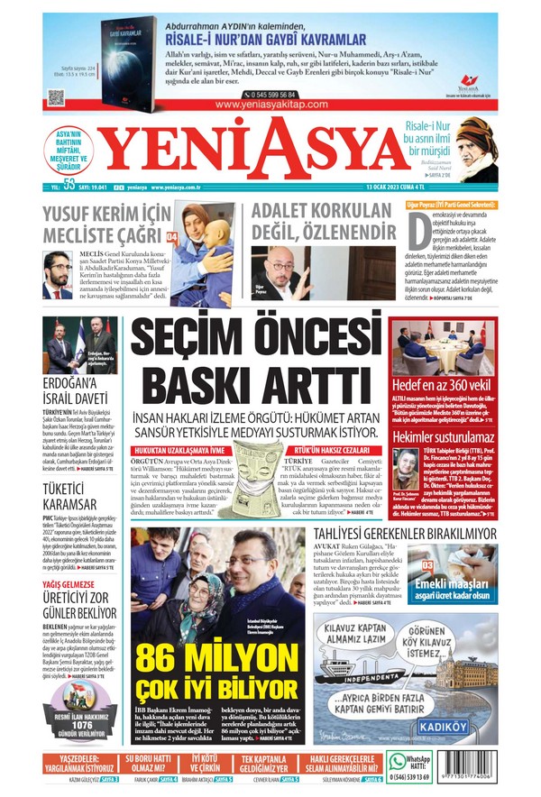 Yeni Asya Gazetesi 13 Ocak 2023, Cuma Günü Manşeti