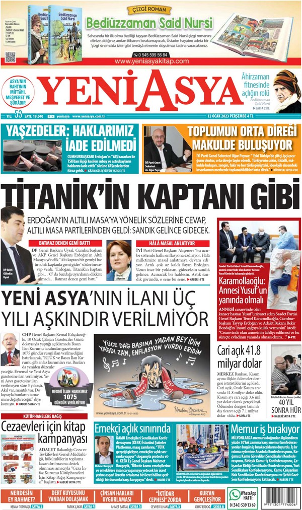 Yeni Asya Gazetesi 12 Ocak 2023, Perşembe Günü Manşeti