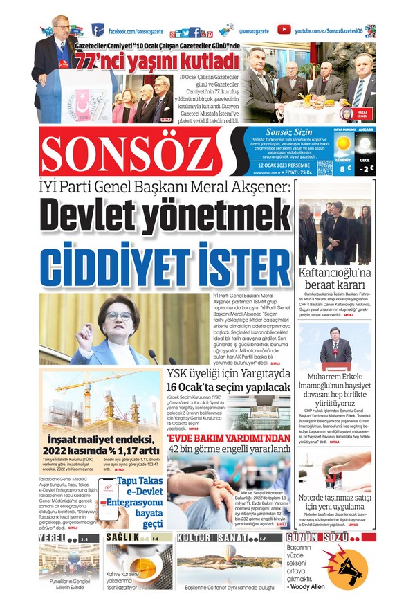 Sonsöz Gazetesi 12 Ocak 2023, Perşembe Günü Manşeti