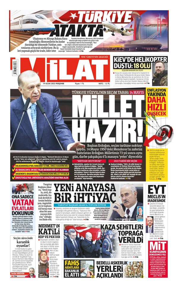 Milat Gazetesi 19 Ocak 2023, Perşembe Günü Manşeti