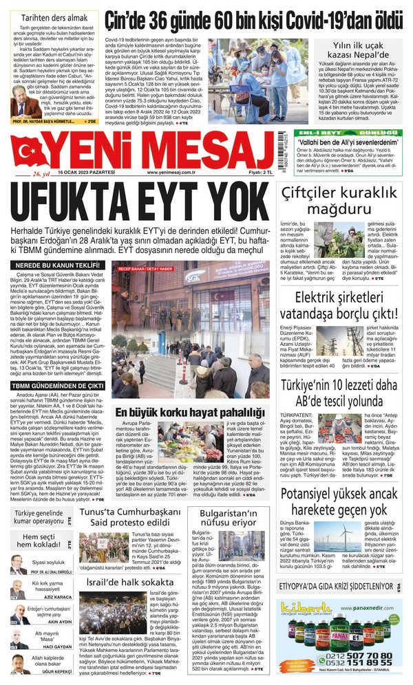 Yeni Mesaj Gazetesi 16 Ocak 2023, Pazartesi Günü Manşeti