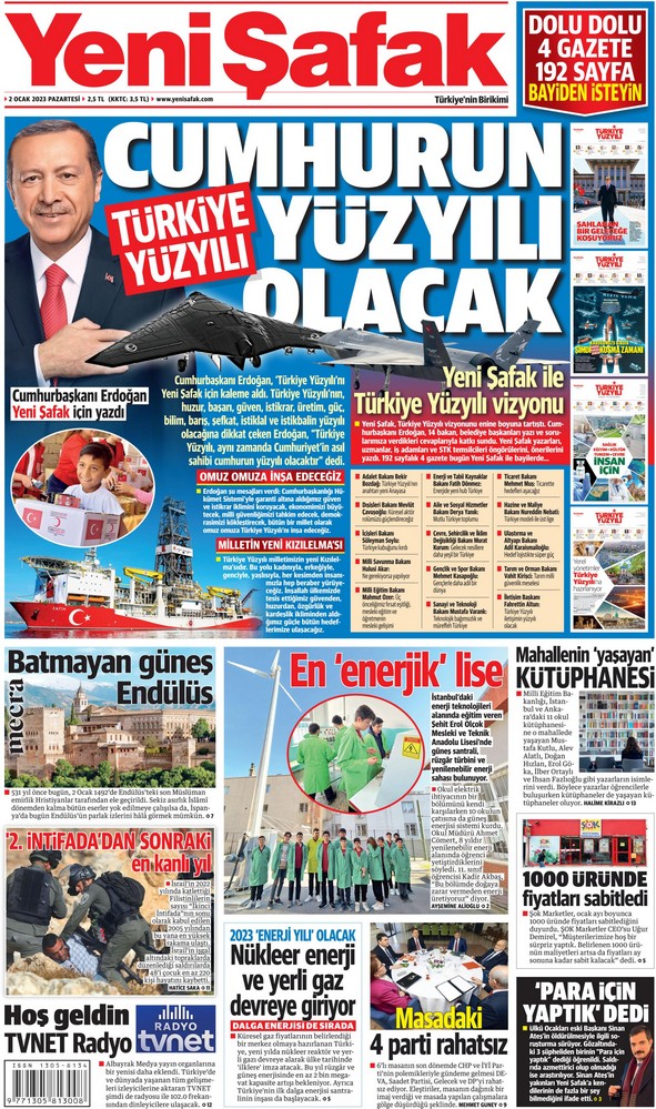 Yeni Şafak Gazetesi 2 Ocak 2023, Pazartesi Günü Manşeti