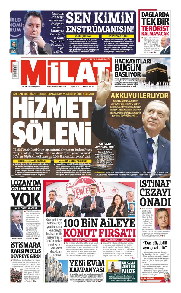 Milat Gazetesi 5 Ocak 2023, Perşembe Günü Manşeti