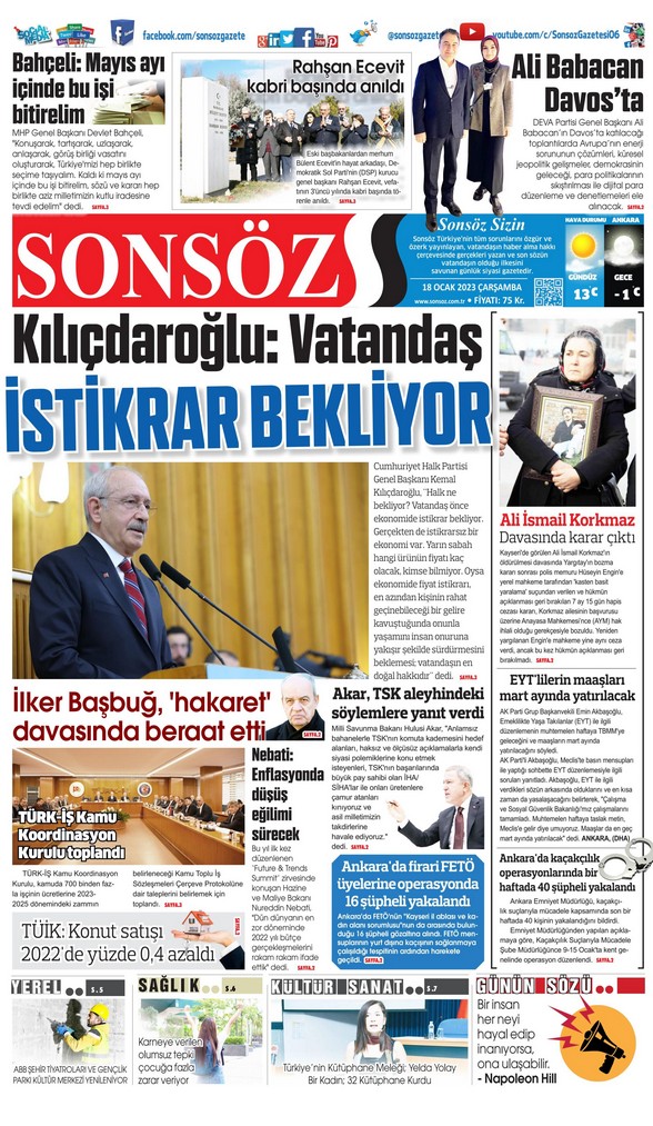 Sonsöz Gazetesi 18 Ocak 2023, Çarşamba Günü Manşeti