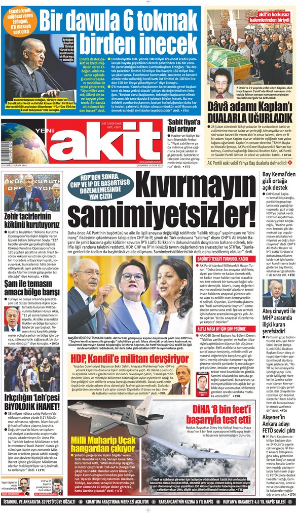 Yeni Akit Gazetesi 11 Ocak 2023, Çarşamba Günü Manşeti