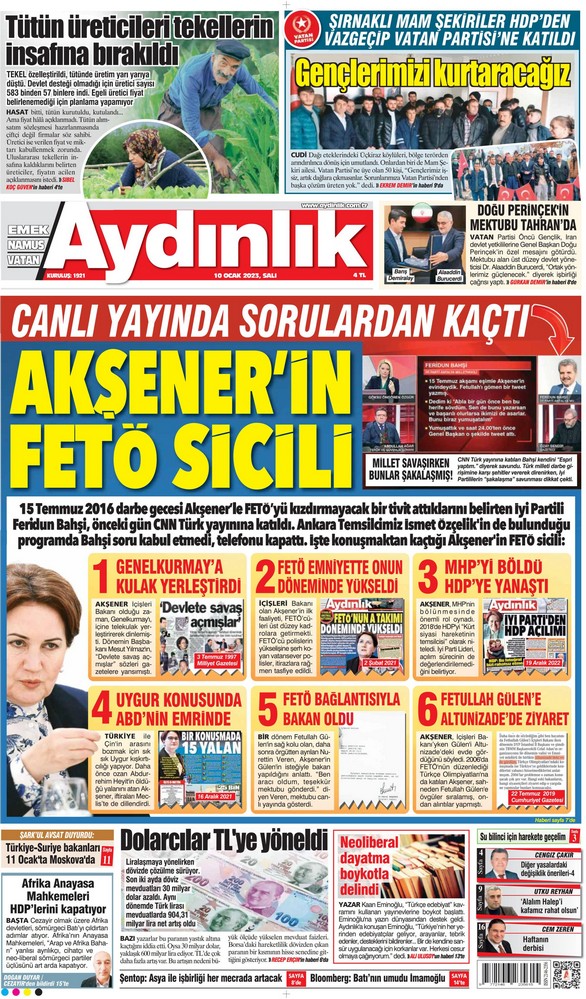 Aydınlık Gazetesi 10 Ocak 2023, Salı Günü Manşeti